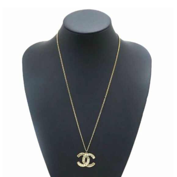 CHANEL CC Logos Rhinestone Necklace 24" Gold Tone - Picture 1 of 8